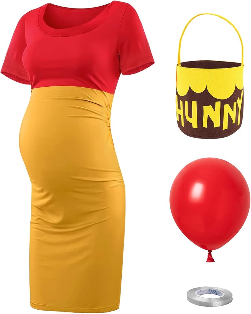 HTPARY Yellow Bear Maternity Dress Maternity Shirt Short Sleeve Pregnancy Dress with Tote Bag Red Balloon for Women - Image 1